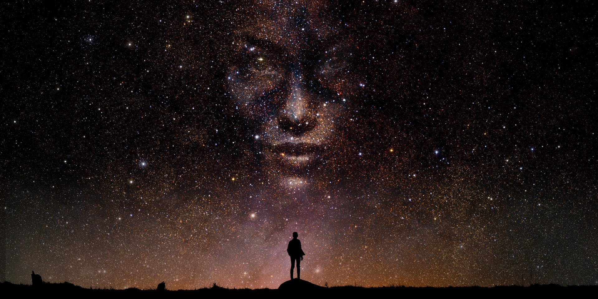 Person In Silhouette Looking At Divine Face In Stars